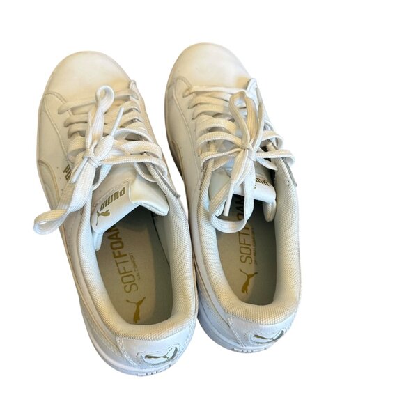 Puma Vikky Leather Sneaker White Gold Logo Lace-Up Tennis Shoes Size 8 Women's - Picture 6 of 13